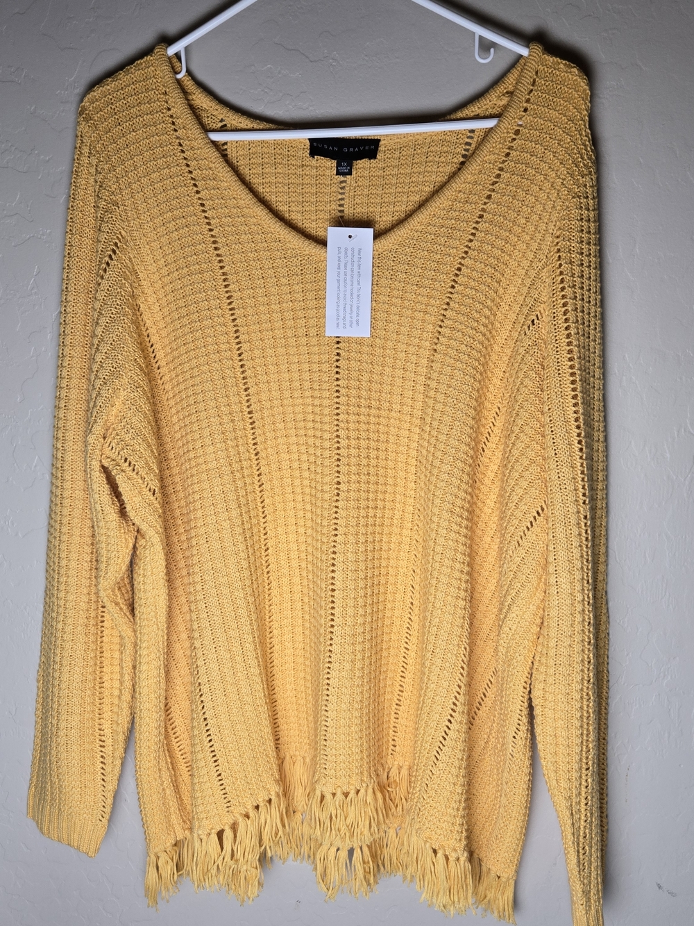 Susan Graver Yellow Open-Knit V-Neck Sweater With Hem Fringe Size 1X